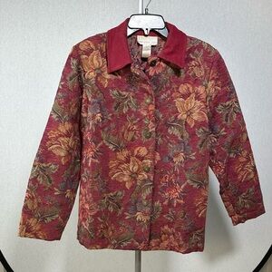 2-piece Susan Graver Style Burgundy Floral Button Front Jacket with Pants